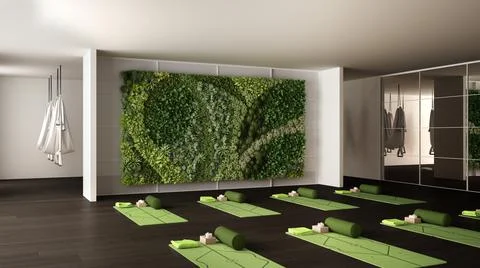 Empty yoga studio interior design, open space with mats, pillows