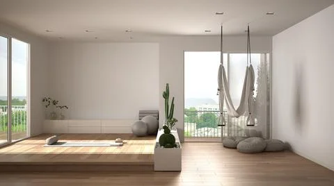 Empty yoga studio interior design, open space with mats, hammock, pillows and Stock Illustration