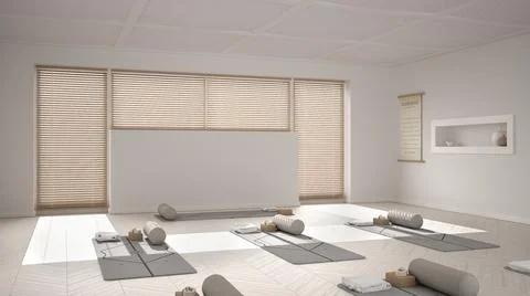 Empty yoga studio interior design, open space with mats, pillows and accessor Stock Illustration