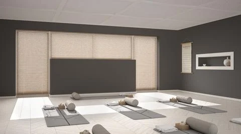 Empty yoga studio interior design, open space with mats, pillows and accessor Stock Illustration