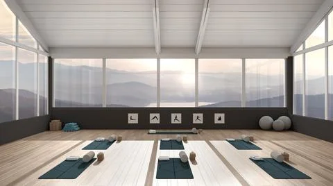 Empty yoga studio interior design architecture, minimal open space, spatial o Stock Illustration