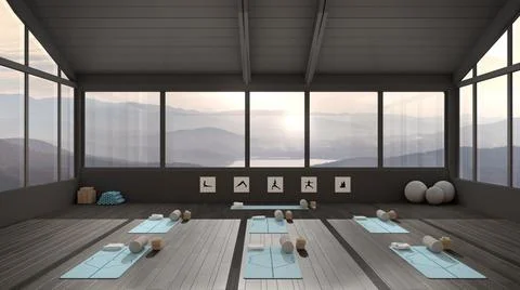 Empty yoga studio interior design architecture, minimal open space, spatial o Stock Illustration
