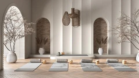 Empty yoga studio interior design in beige tones, western japanese space, par Stock Illustration
