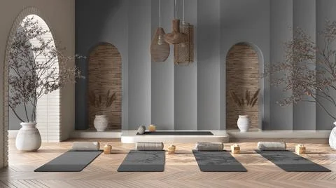 Empty yoga studio interior design in gray tones, western japanese space, parq Stock Illustration