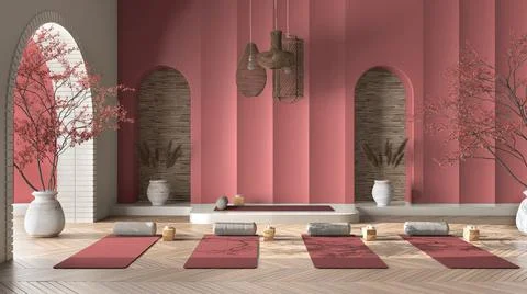 Empty yoga studio interior design in red tones, western japanese space, parqu Stock Illustration