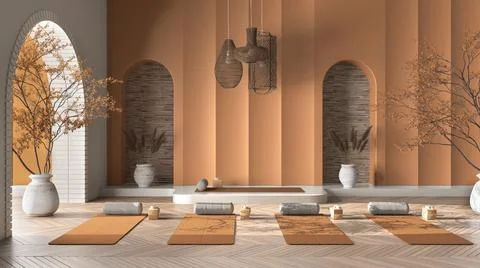 Empty yoga studio interior design in orange tones, western japanese space, pa Stock Illustration