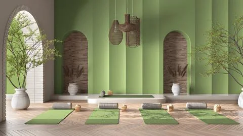 Empty yoga studio interior design in green tones, western japanese space, par Stock Illustration