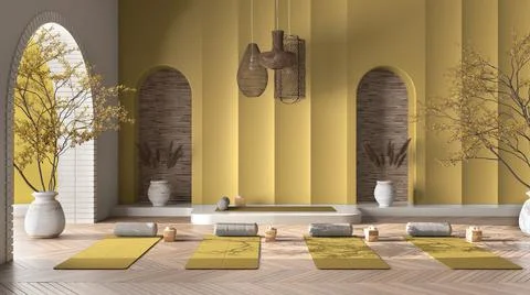 Empty yoga studio interior design in yellow tones, western japanese space, pa Stock Illustration
