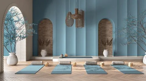 Empty yoga studio interior design in blue tones, western japanese space, parq Stock Illustration
