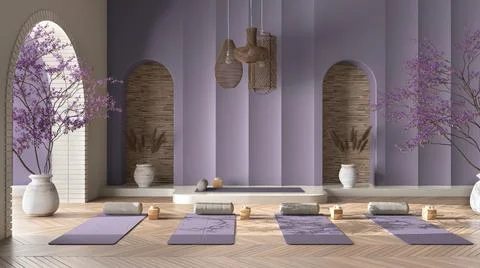 Empty yoga studio interior design in liliac tones, western japanese space, pa Stock Illustration