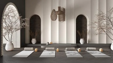 Empty yoga studio interior design in gray tones, western japanese space, parq Stock Illustration
