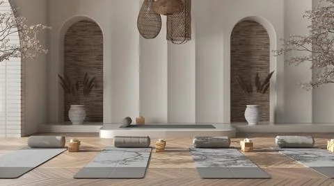 Empty yoga studio interior design in beige tones, western japanese space, par Stock Illustration