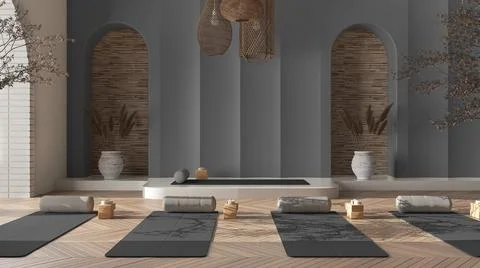 Empty yoga studio interior design in gray tones, western japanese space, parq Stock Illustration