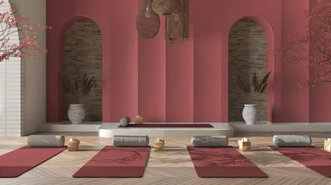Empty yoga studio interior design in red tones, western japanese space, parqu Stock Illustration