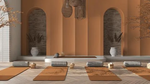 Empty yoga studio interior design in orange tones, western japanese space, pa Stock Illustration