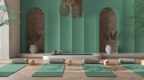 Empty yoga studio interior design in turquoise tones, western japanese space, Stock Illustration