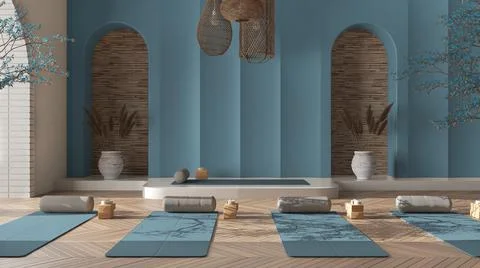 Empty yoga studio interior design in blue tones, western japanese space, parq Stock Illustration