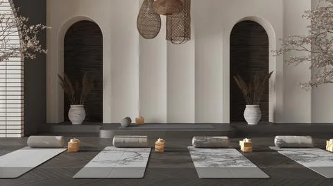 Empty yoga studio interior design in gray tones, western japanese space, parq Stock Illustration