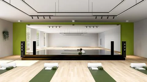 Empty Yoga studio interior design, open space with stage and large mirror Stock Illustration