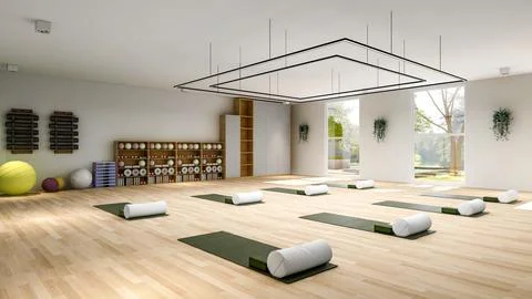 Empty Yoga studio interior design, open space with stage and large mirror Stock Illustration