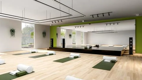 Empty Yoga studio interior design, open space with stage and large mirror Stock Illustration
