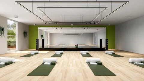 Empty Yoga studio interior design, open space with stage and large mirror Illustrazione stock