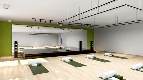 Empty Yoga studio interior design, open space with stage and large mirror Stock Illustration