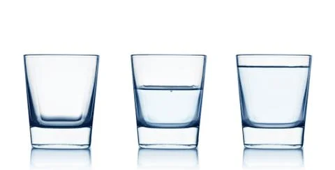 Empty,half and full water glasses . isolated on white background Stock Photos