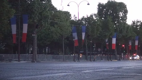 Empy Boulevard Champs-ÉLysées in Paris with Many Flags for France National Day Stock Footage 105707616