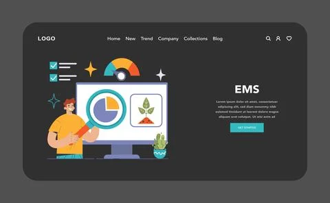 EMS dark or night mode web, landing. Expert analyzes environmental Illustrazione stock