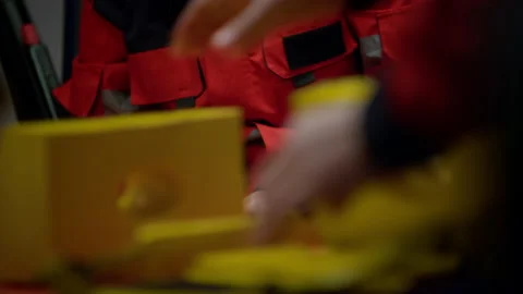 EMS paramedics getting ready for first aid. Assistants working at night shift Stock-Footage 166885441