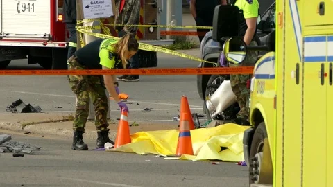 Ems securing scene of fatal motor vehicle accident Stock Footage 82942478