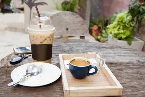 Emty cake and empty hot espresso Stock Photos