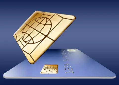 An EMV chip close up hovers next to a credit card to illustrate how the chip Stock Illustration