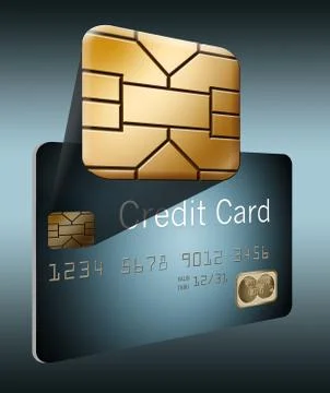An EMV security chip is seen close up with a credit card nearby. Illustrazione stock