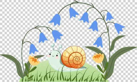 En cute snail crawling under bluebell flowers on green grass Stock Illustration