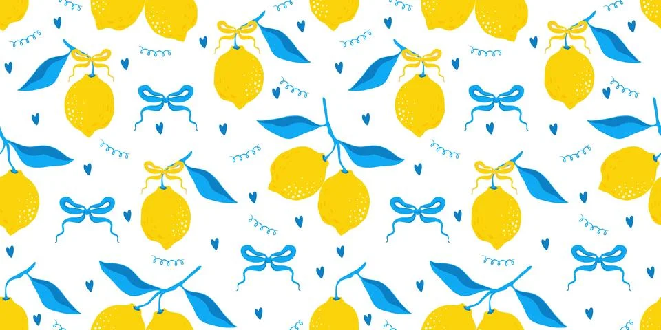 En seamless pattern with yellow lemons blue leaves and bows Stock Illustration