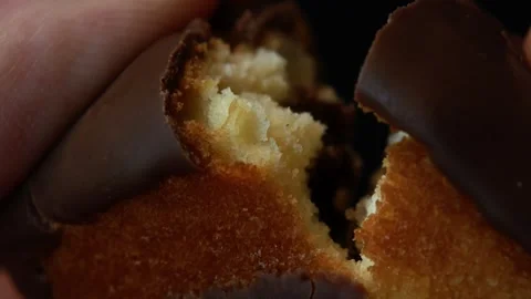 En sponge cake is gently broken, revealing a tantalizing and fluffy interior Stock Footage 257003392