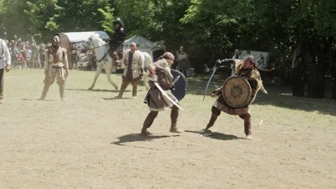 Enactment fighting warriors demonstrate ancient combat techniques Stock Footage 193368501