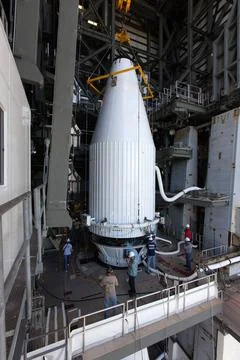 Encapsulated in its payload fairing, Tracking and Data Relay Satellite (TD... Stock Photos
