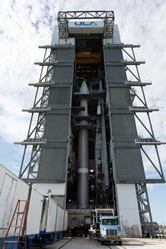 Encapsulated in its payload fairing, Tracking and Data Relay Satellite (TDR.. Stock Photos