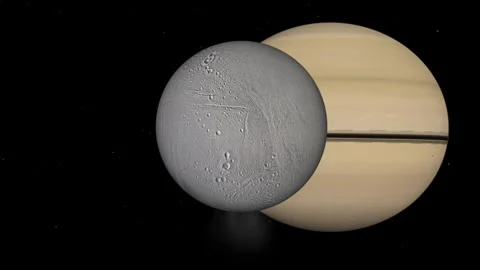 Enceladus eclipsing Saturn. Scientifically accurate space animation. 4K 60fps Stock Footage 314586197