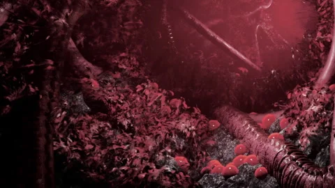 Enchanted Forest Scene With Vibrant Red Elements and Mystical Ambiance Stock Footage 348763961