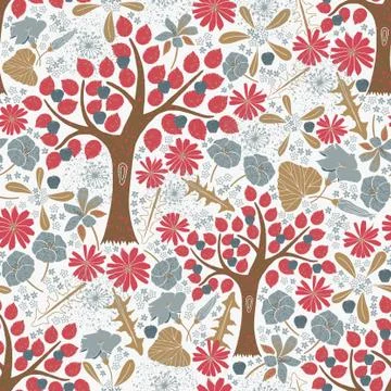 Enchanted garden vector repeat seamless pattern. Apple trees and flowers. Stock Illustration