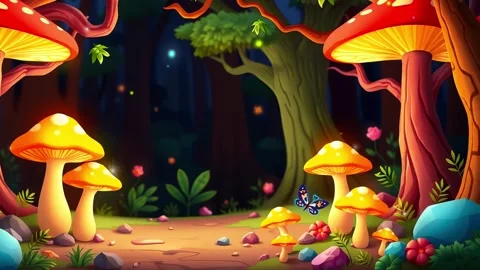Enchanted Mushroom Glade: Sunlight Filtering Through Canopy, Illuminating a But Stock Footage 308846202