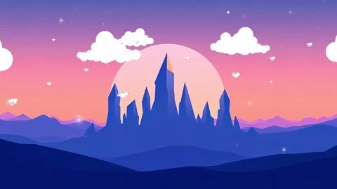Enchanted Peaks: Blue Mountain Range with Moon and Scattered Clouds Video stock 317967456