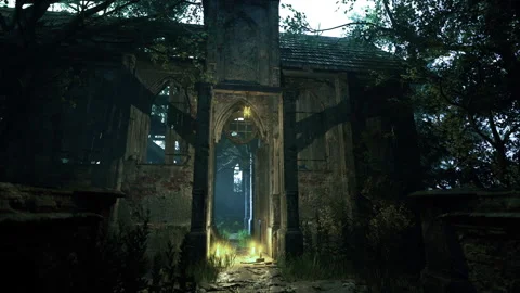 Enchanted ruins reveal secrets under the moonlight in a forgotten forest Stock Footage 342921750