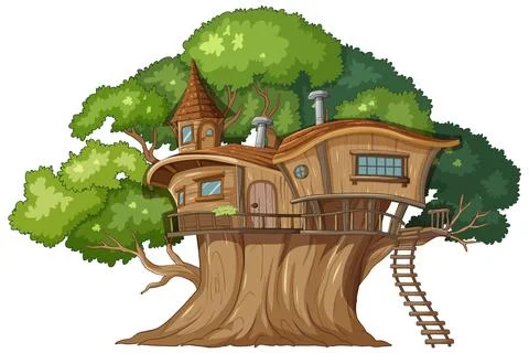 Enchanted Treehouse in a Lush Forest Stock Illustration