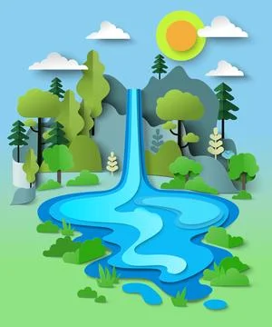 Enchanted waterfall flowing from mountain cliff landscape Stock Illustration