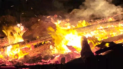 Enchanting Beach Bonfire: Close-Up Nighttime Flames on Wood Stock Footage 248969419